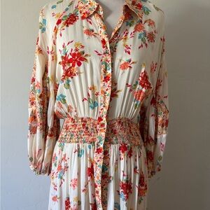 Floral Cream Button-Front Smocked Waist Dress